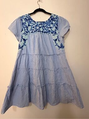J. Marie Blue & White Striped Embroidered Tiered Dress – Women’s Size L